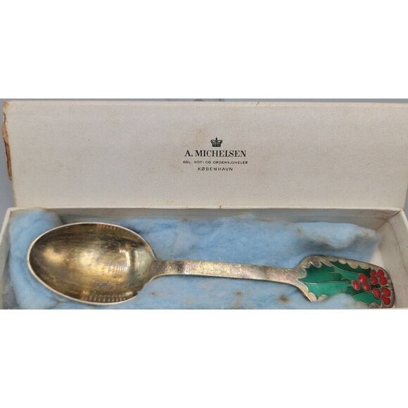 Michelsen Sterling Silver 1946 Christmas Spoon Gold Wash Enamel Holly Design